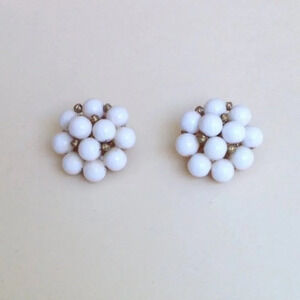 Vintage White Flower Design Clip On Earrings Gift Present Minimalist Academia